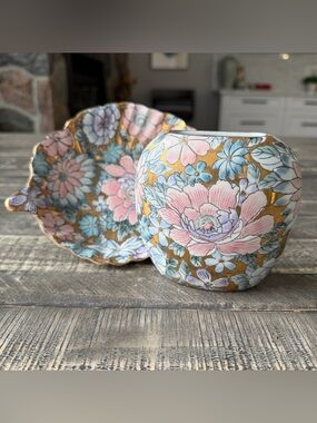 Vintage Toyo Golden Peony Vase and Bowl